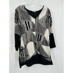 Mirror Image Womens Pullover Top Size M Black Gray Patchwork Boho Mixed‎ Media